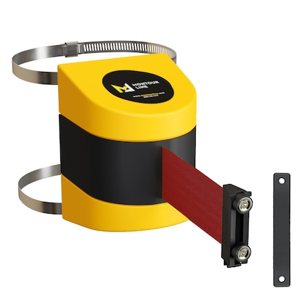 Montour Line Retractable Belt Barrier YW Clamped Wall Mount, 13' Maroon Belt (M) PWM200-YW-MN-C-M-130